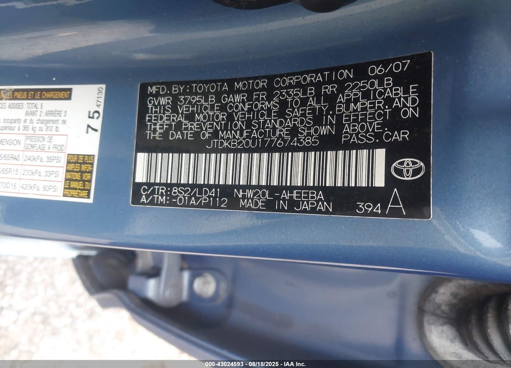 2007 TOYOTA PRIUS VIN: JTDKB20U177674385