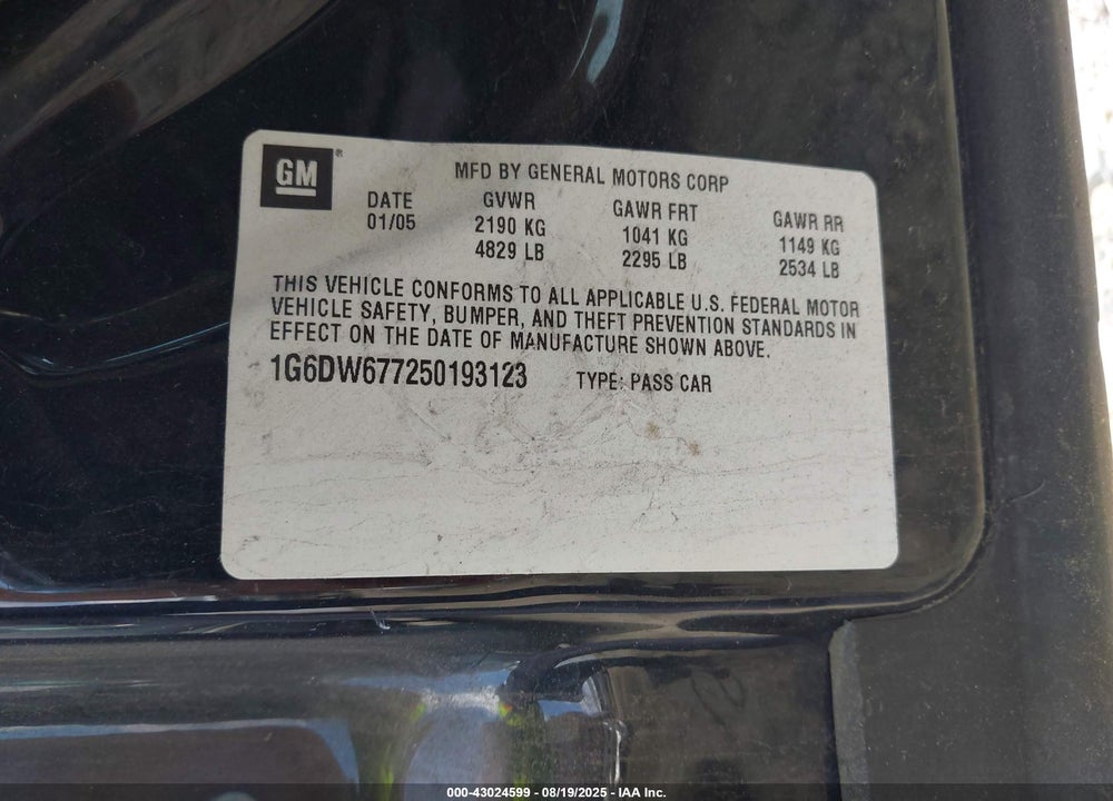2005 CADILLAC STS V6 VIN: 1G6DW677250193123