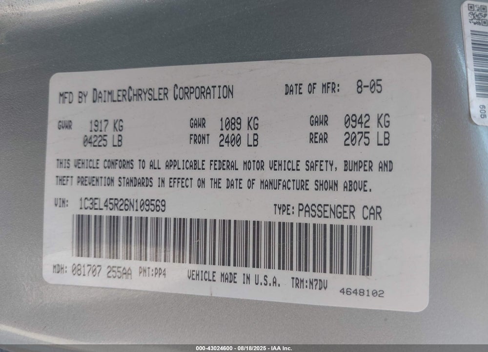 2006 CHRYSLER SEBRING VIN: 1C3EL45R26N109569