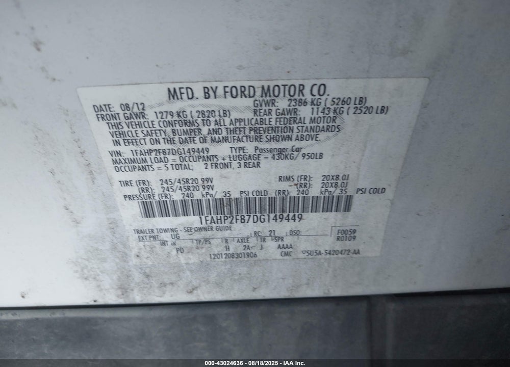 2013 FORD TAURUS VIN: 1FAHP2F87DG149449