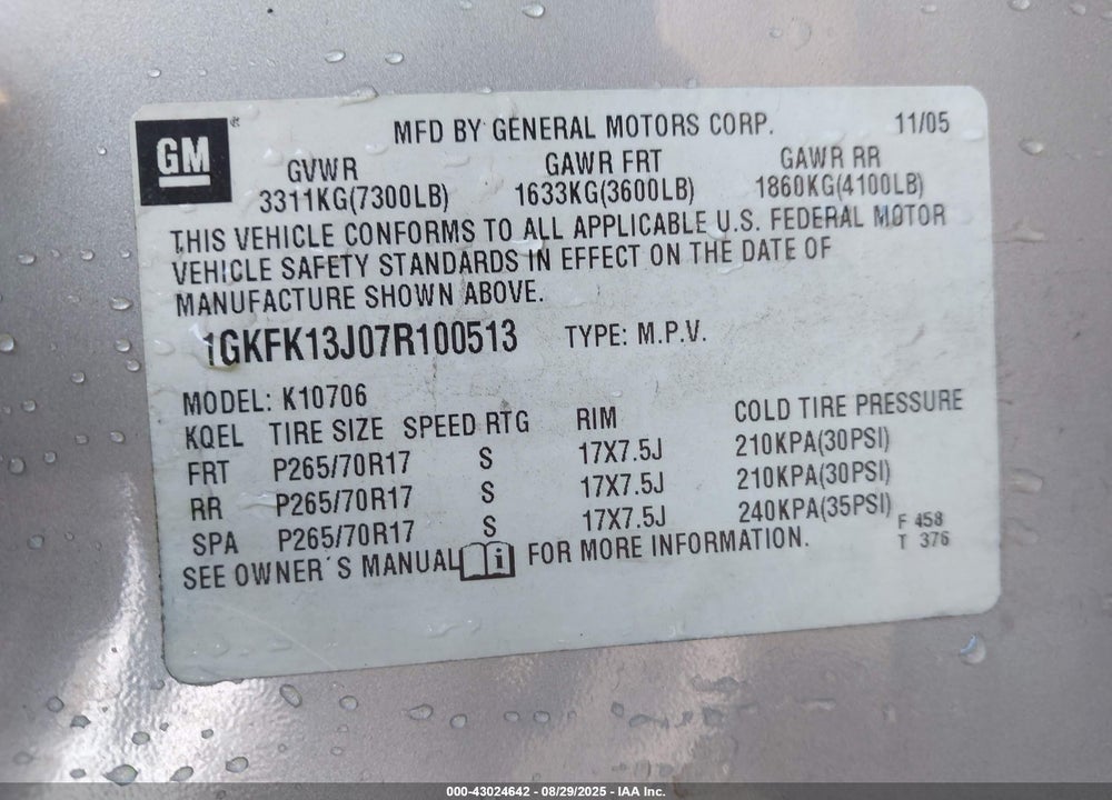 2007 GMC YUKON SLT VIN: 1GKFK13J07R100513