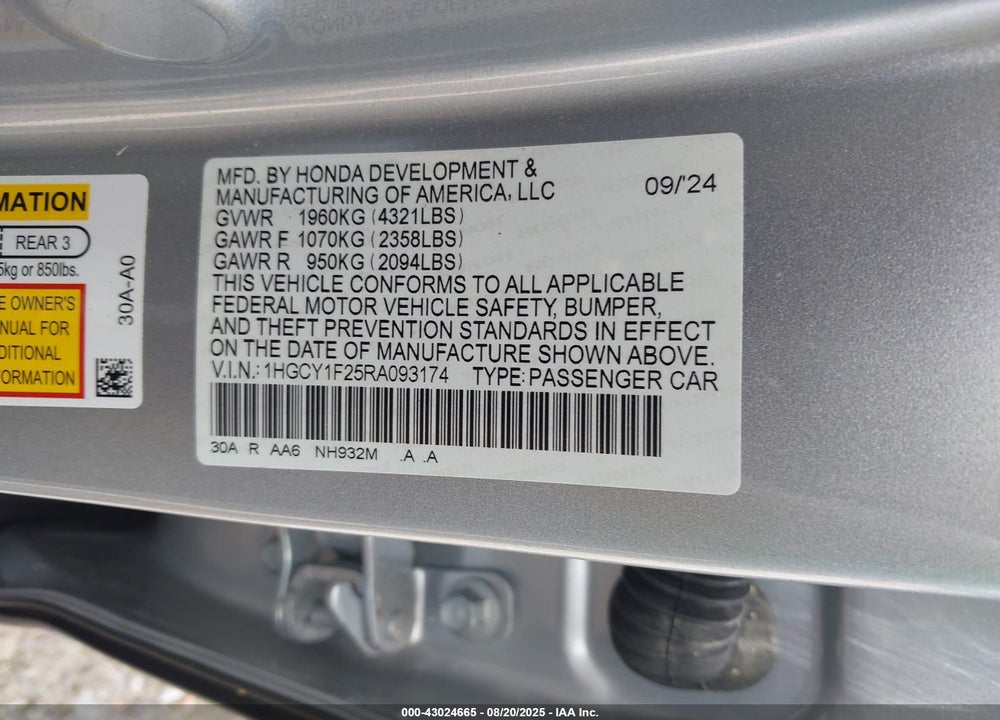 2024 HONDA ACCORD VIN: 1HGCY1F25RA093174