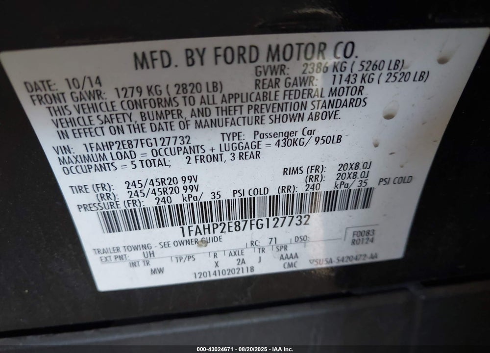 2015 FORD TAURUS VIN: 1FAHP2E87FG127732