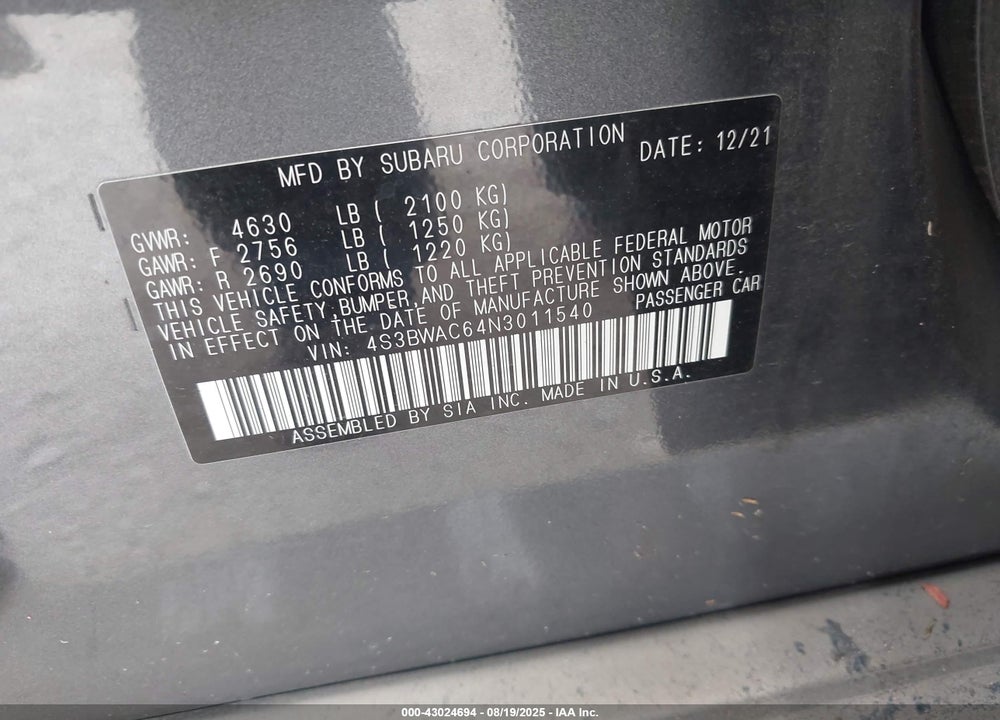 2022 SUBARU LEGACY VIN: 4S3BWAC64N3011540