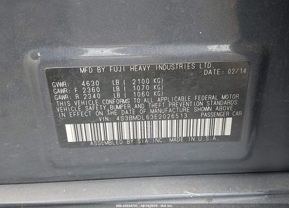 2014 SUBARU LEGACY VIN: 4S3BMDL63E2026513