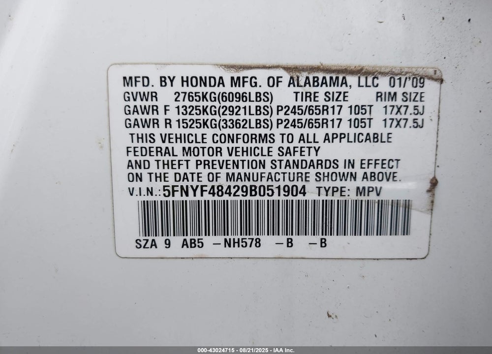 2009 HONDA PILOT EX VIN: 5FNYF48429B051904