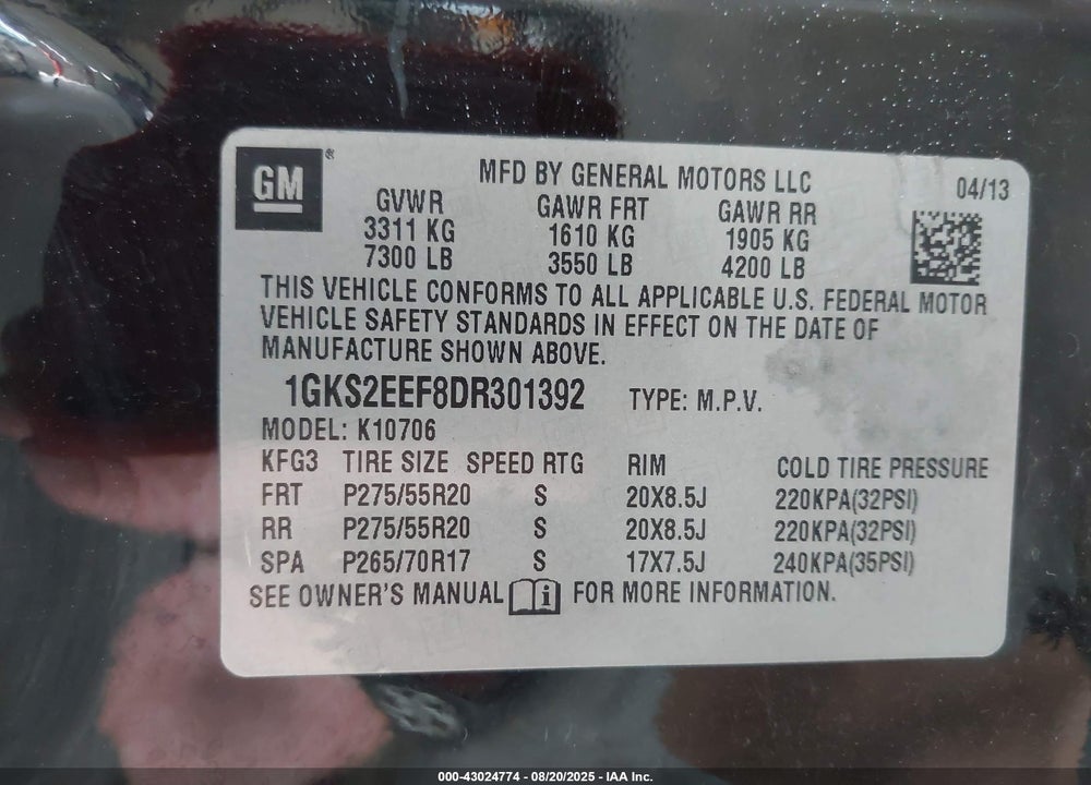 2013 GMC YUKON VIN: 1GKS2EEF8DR301392
