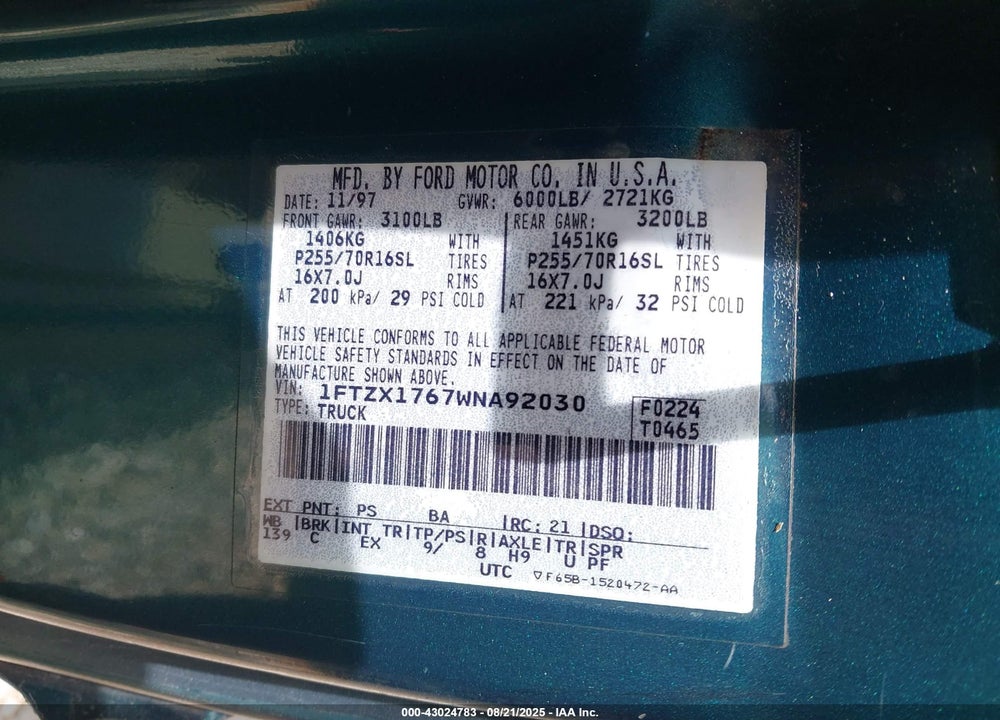 1998 FORD F-150 LARIAT/STANDARD/XL/XLT VIN: 1FTZX1767WNA92030