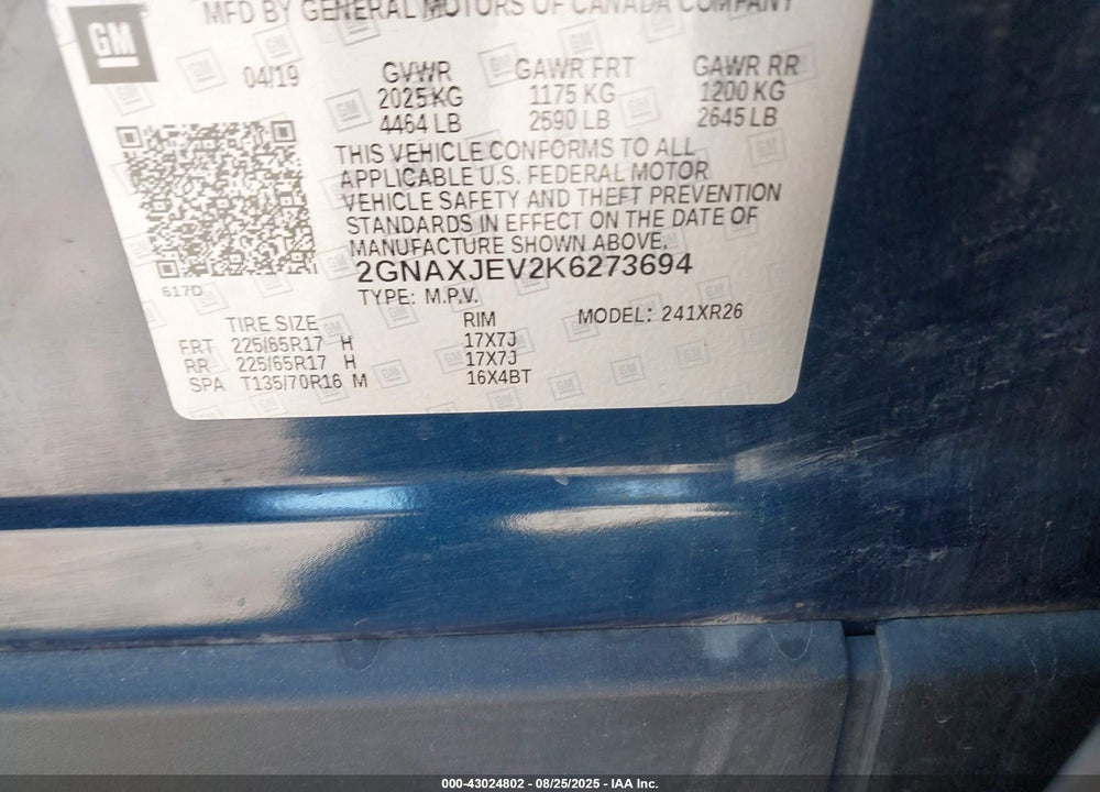 2019 CHEVROLET EQUINOX LT VIN: 2GNAXJEV2K6273694