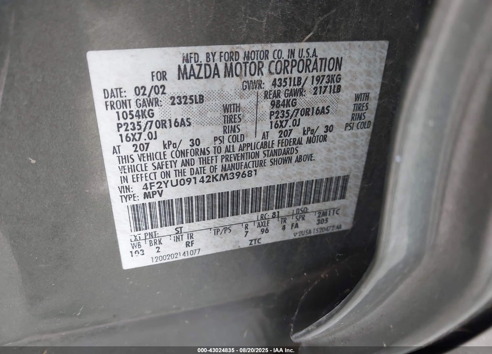 2002 MAZDA TRIBUTE ES V6/LX V6 VIN: 4F2YU09142KM39681