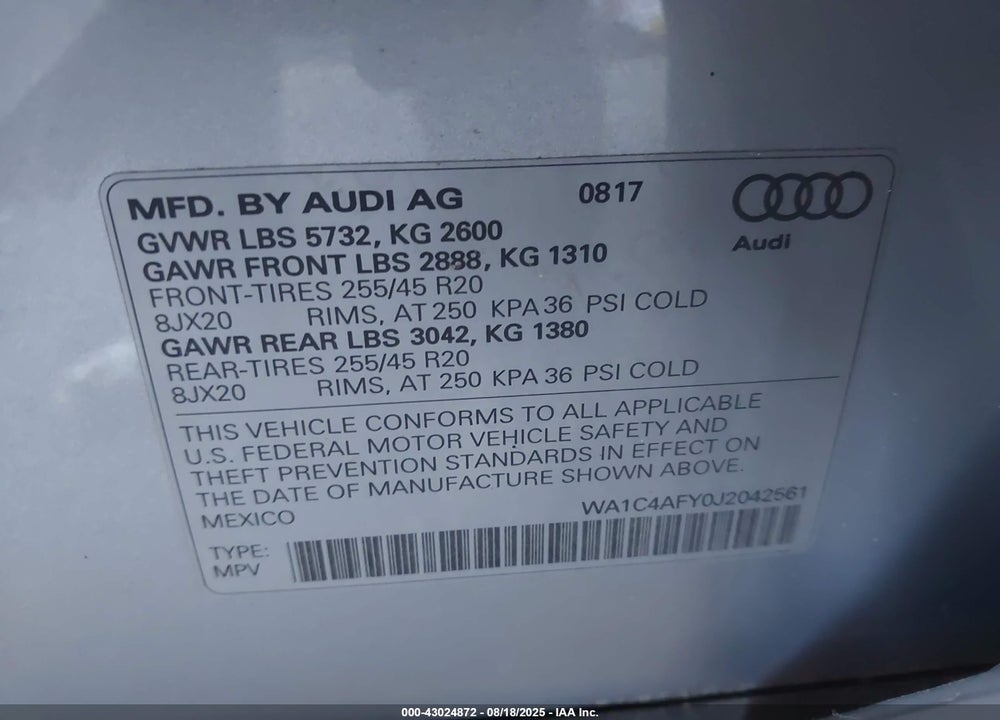 2018 AUDI SQ5 VIN: WA1C4AFY0J2042561