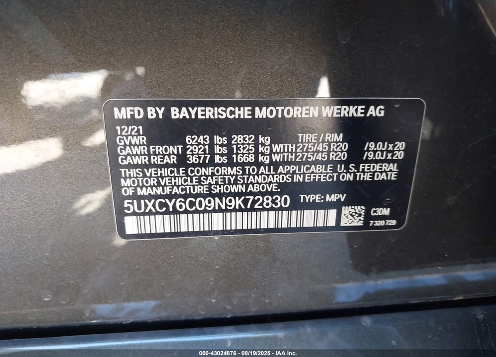 2022 BMW X6 VIN: 5UXCY6C09N9K72830