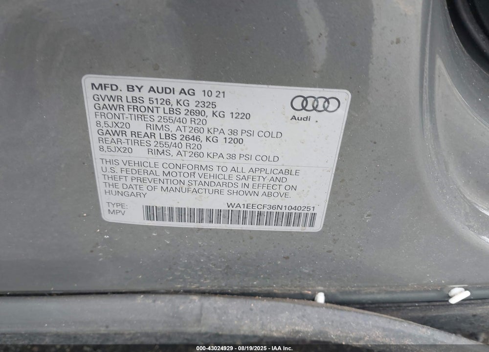 2022 AUDI Q3 VIN: WA1EECF36N1040251