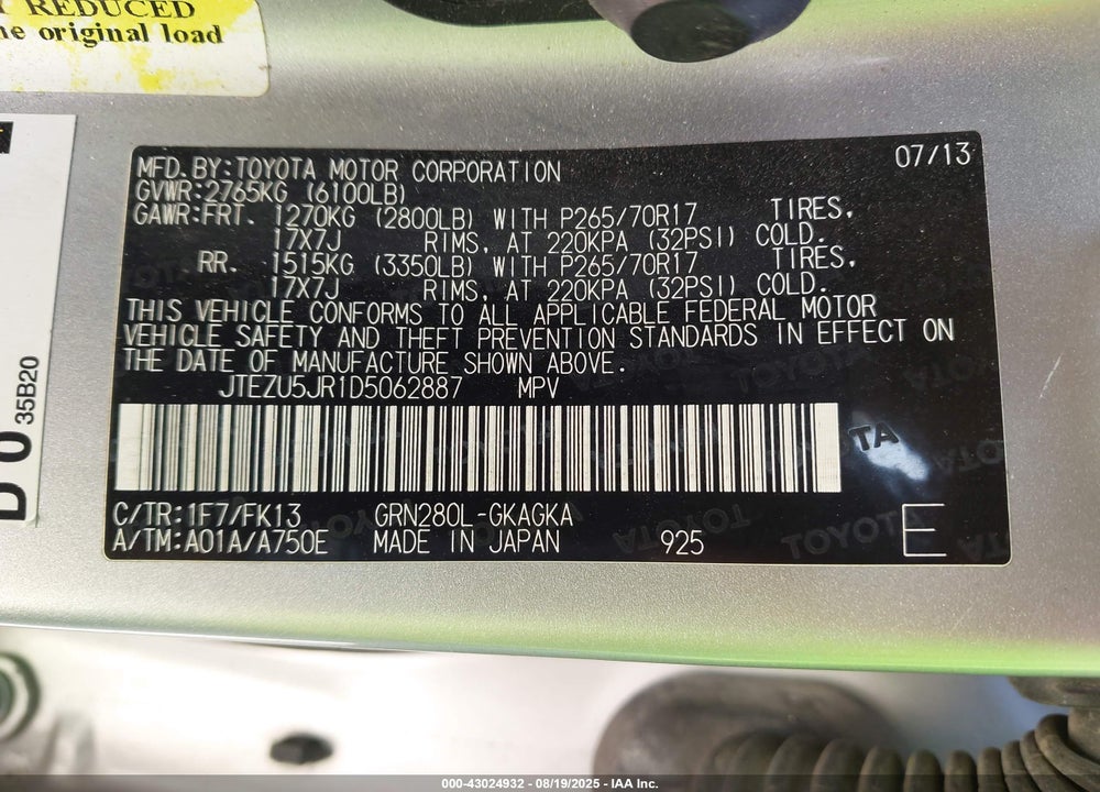 2013 TOYOTA 4RUNNER VIN: JTEZU5JR1D5062887
