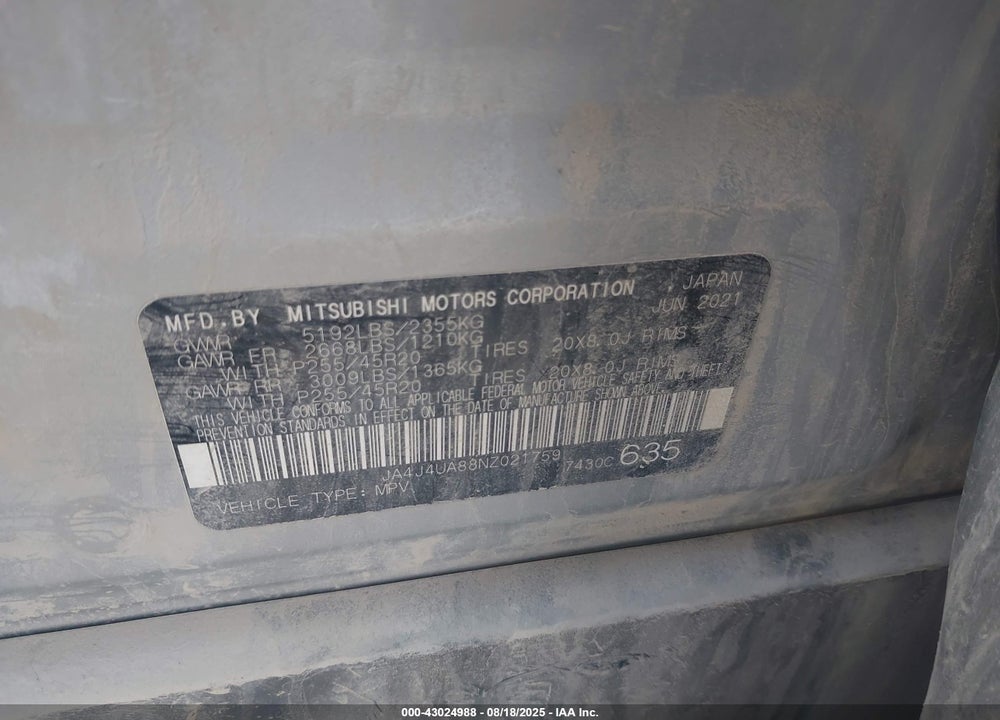 2022 MITSUBISHI OUTLANDER VIN: JA4J4UA88NZ021759
