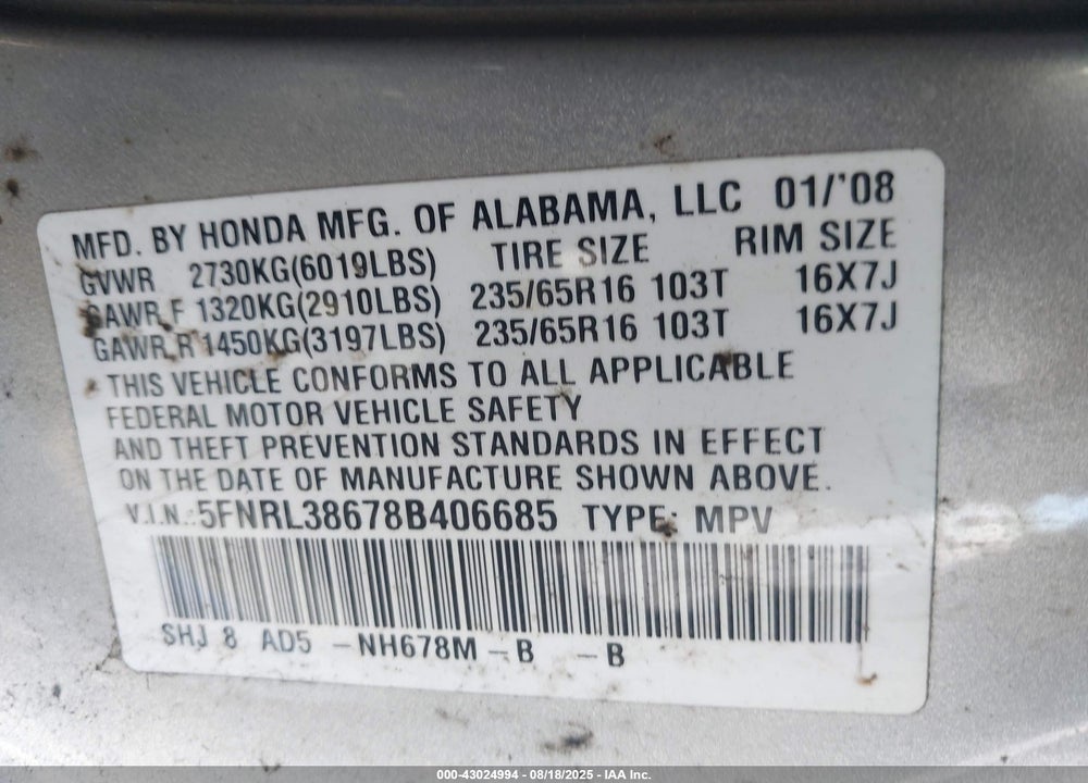 2008 HONDA ODYSSEY EX-L VIN: 5FNRL38678B406685
