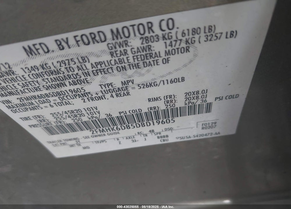 2013 FORD FLEX VIN: 2FMHK6D85DBD19605