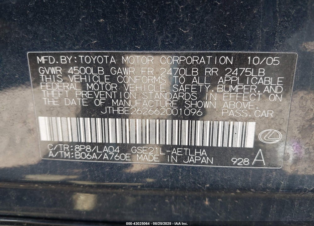 2006 LEXUS IS 350 VIN: JTHBE262662001096