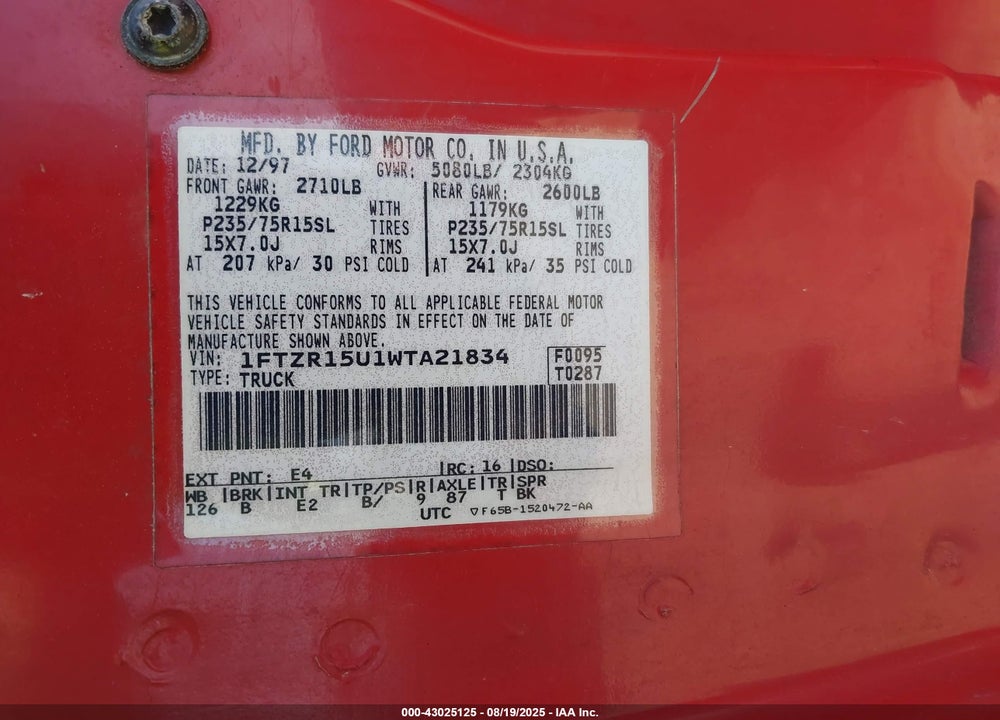 1998 FORD RANGER SPLASH/XL/XLT VIN: 1FTZR15U1WTA21834