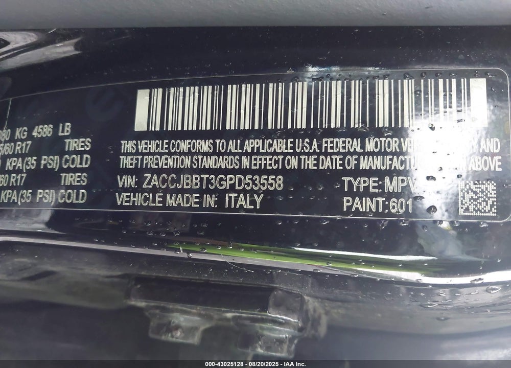 2016 JEEP RENEGADE VIN: ZACCJBBT3GPD53558