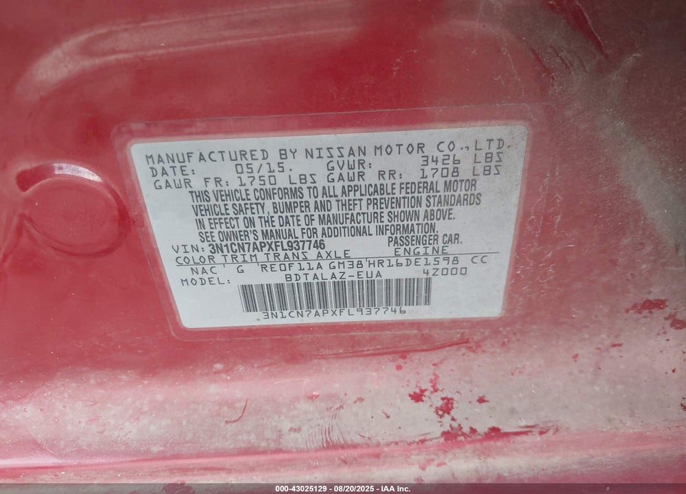 2015 NISSAN VERSA VIN: 3N1CN7APXFL937746