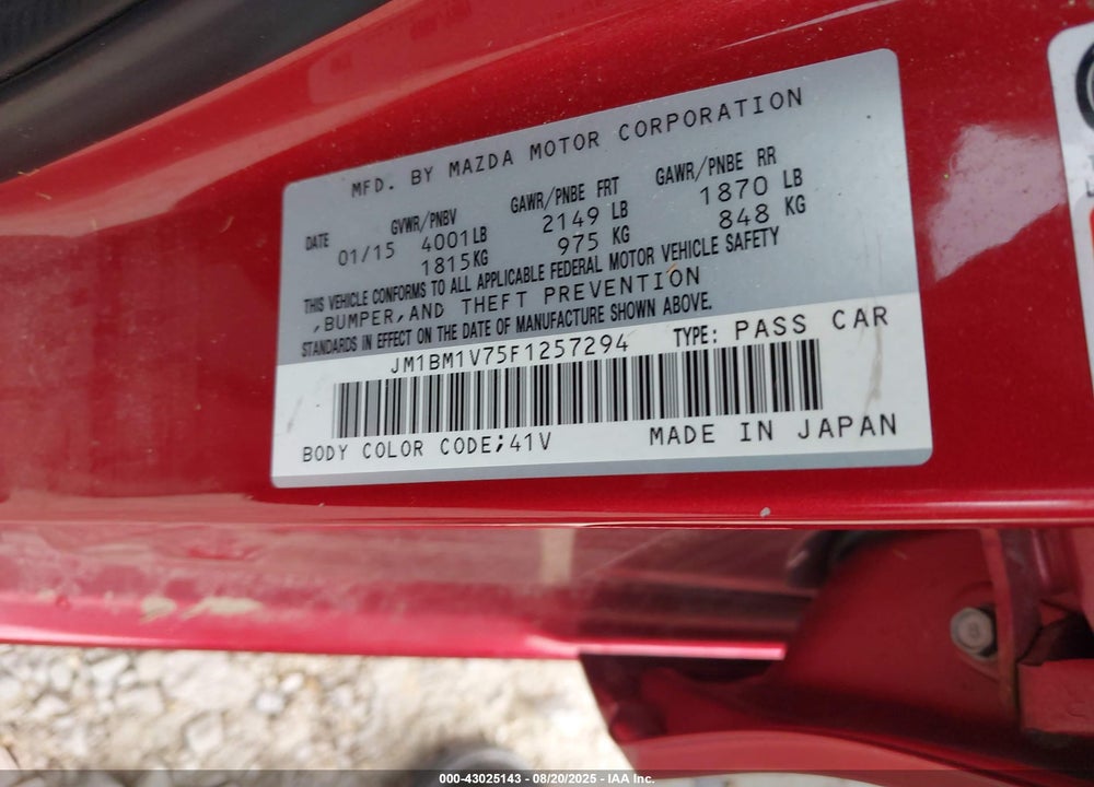 2015 MAZDA 3 VIN: JM1BM1V75F1257294