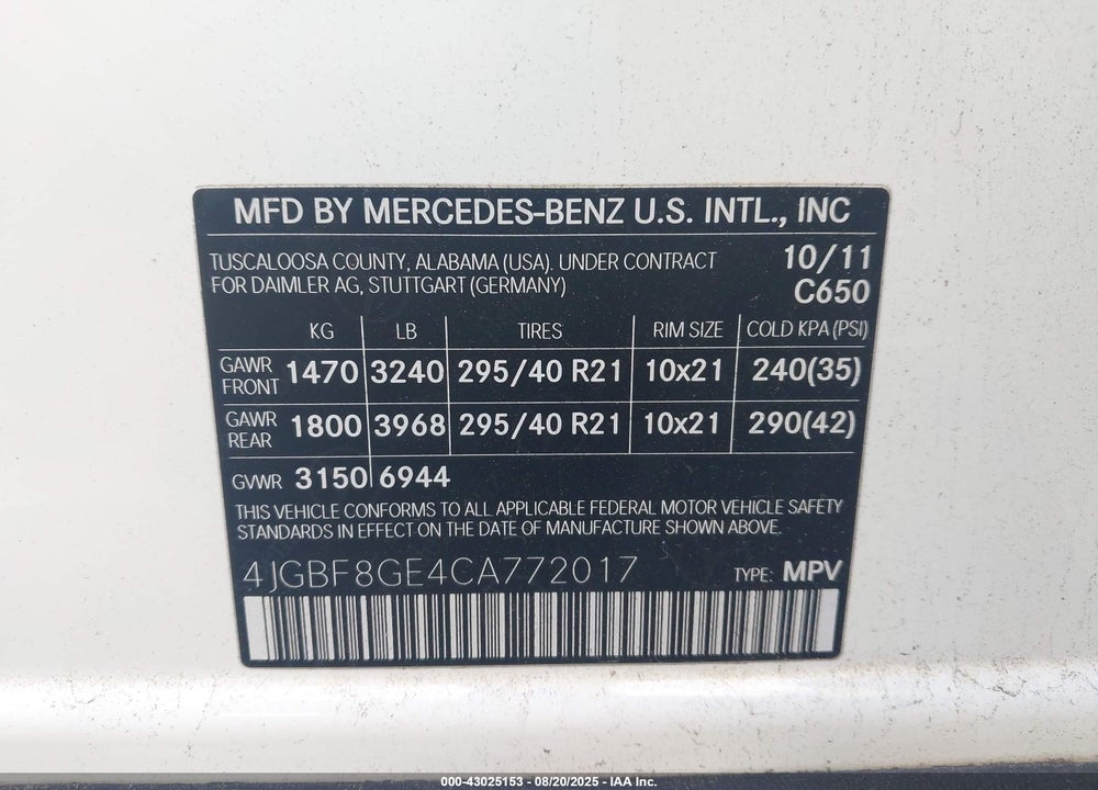 2012 MERCEDES-BENZ GL-CLASS VIN: 4JGBF8GE4CA772017
