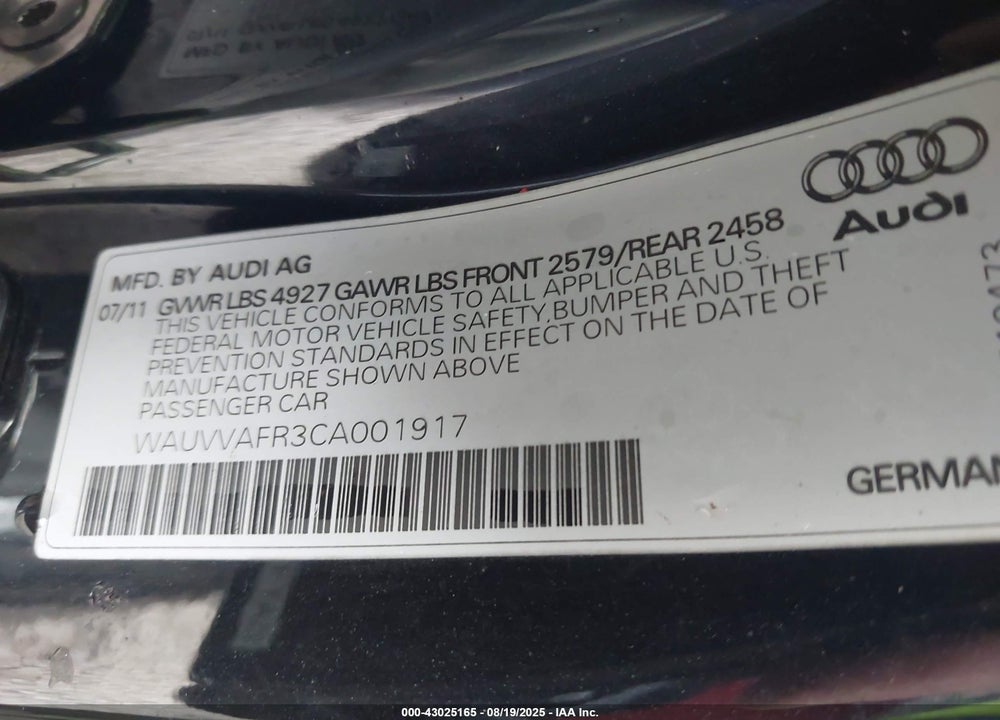 2012 AUDI S5 VIN: WAUVVAFR3CA001917