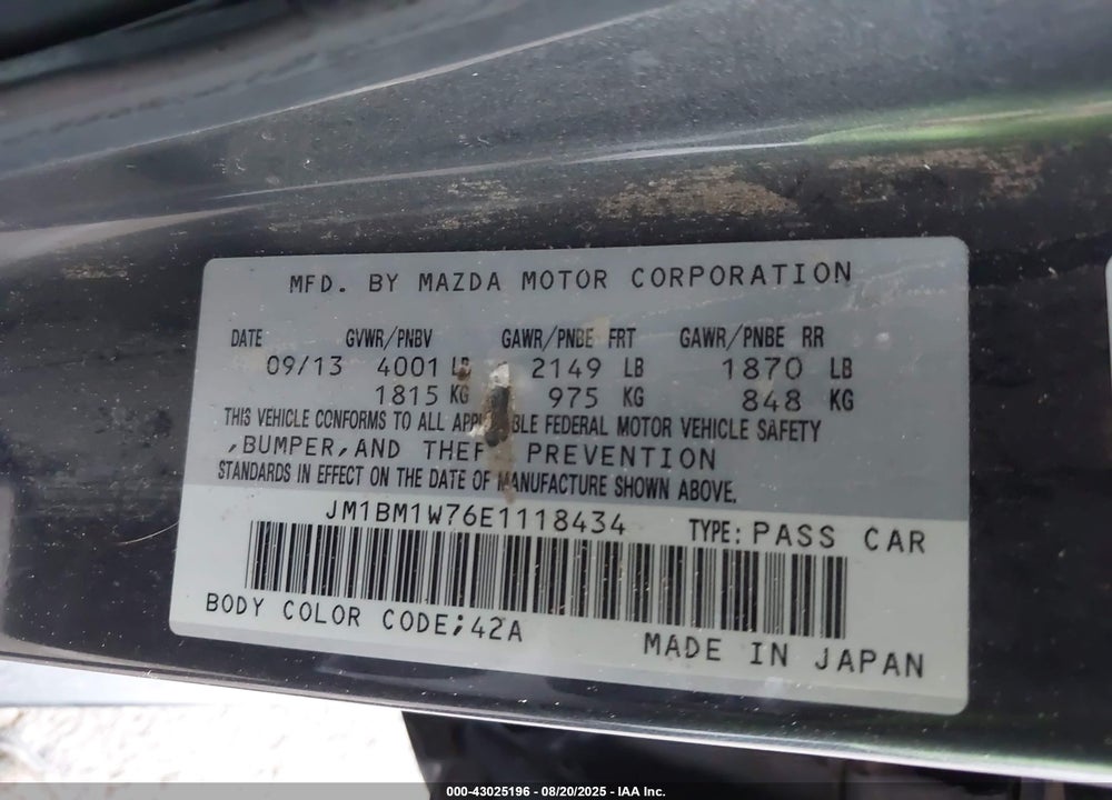 2014 MAZDA 3 VIN: JM1BM1W76E1118434