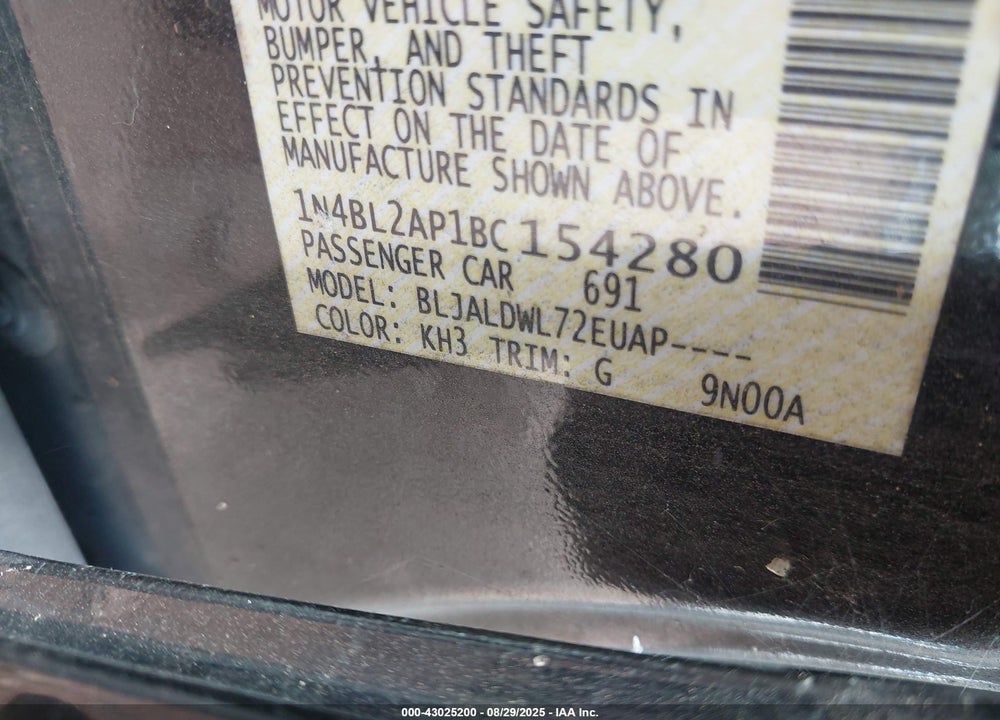2011 NISSAN ALTIMA VIN: 1N4BL2AP1BC154280