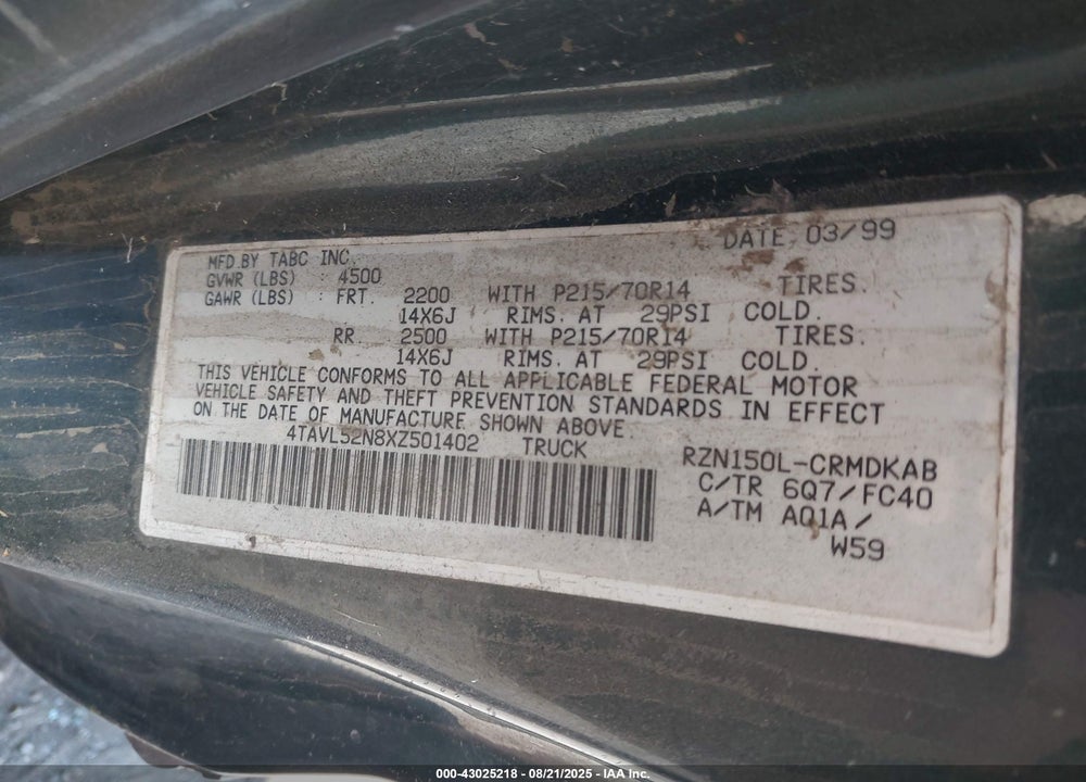 1999 TOYOTA TACOMA VIN: 4TAVL52N8XZ501402