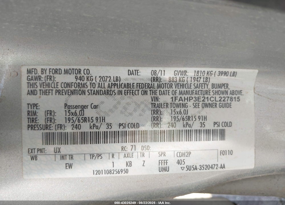 2012 FORD FOCUS S VIN: 1FAHP3E21CL227815