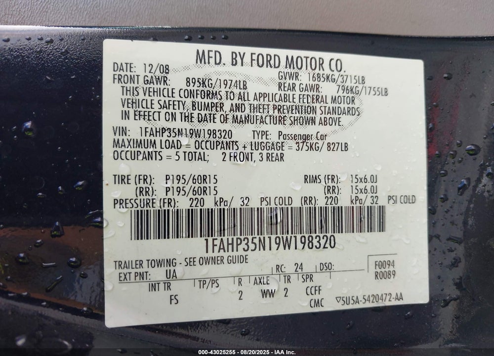 2009 FORD FOCUS VIN: 1FAHP35N19W198320