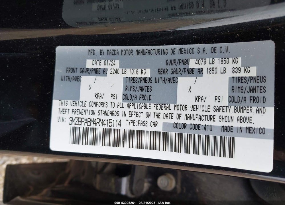 2024 MAZDA 3 2.5 S SELECT SPORT VIN: 3MZBPABM4RM415114