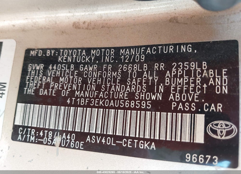 2010 TOYOTA CAMRY VIN: 4T1BF3EK0AU568595