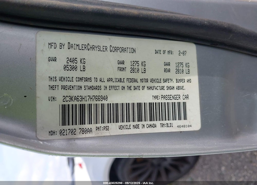 2007 CHRYSLER 300C VIN: 2C3KA63H17H766940