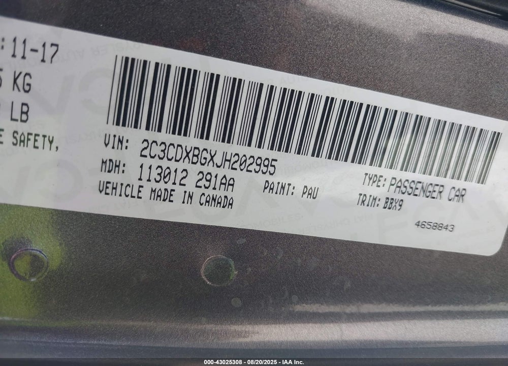 2018 DODGE CHARGER VIN: 2C3CDXBGXJH202995