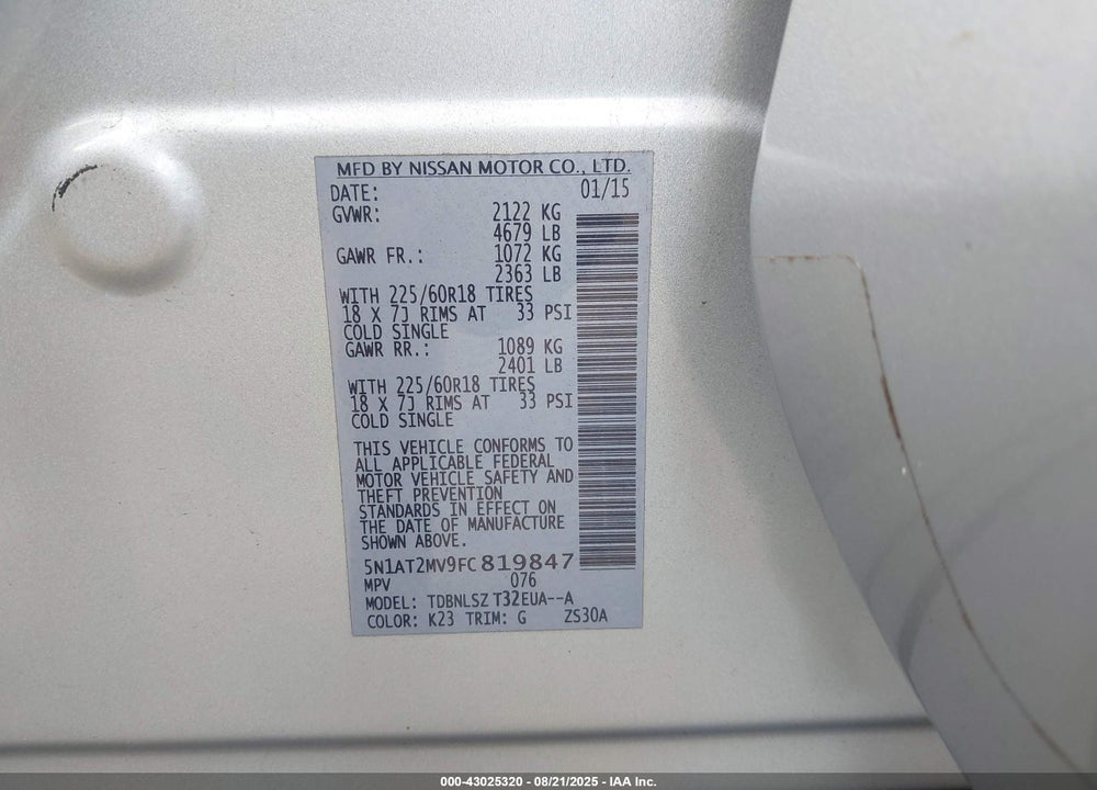 2015 NISSAN ROGUE VIN: 5N1AT2MV9FC819847