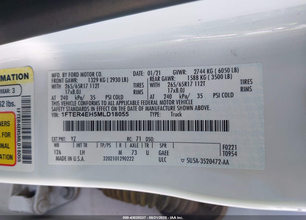 2021 FORD RANGER VIN: 1FTER4EH5MLD18055