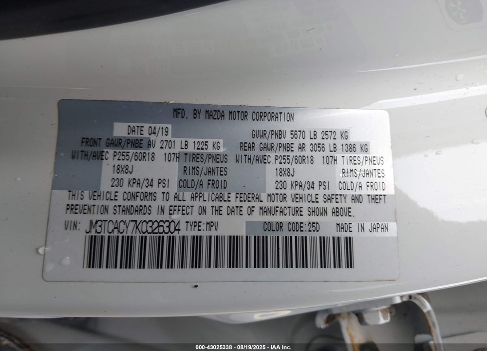 2019 MAZDA CX-9 VIN: JM3TCACY7K0326304