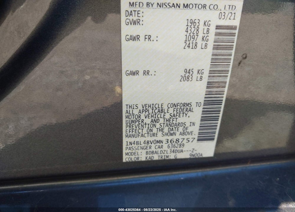 2021 NISSAN ALTIMA VIN: 1N4BL4BV0MN368757