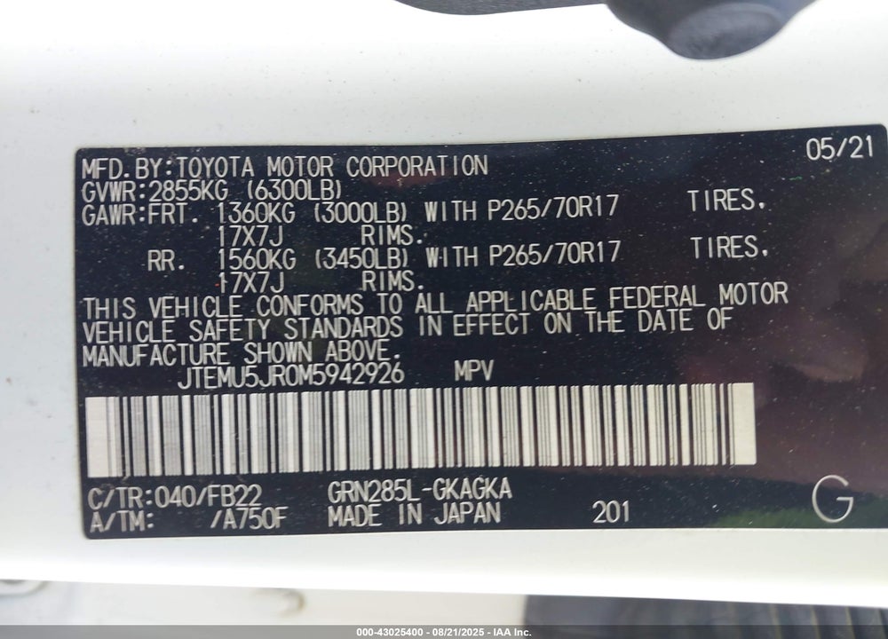 2021 TOYOTA 4RUNNER VIN: JTEMU5JR0M5942926