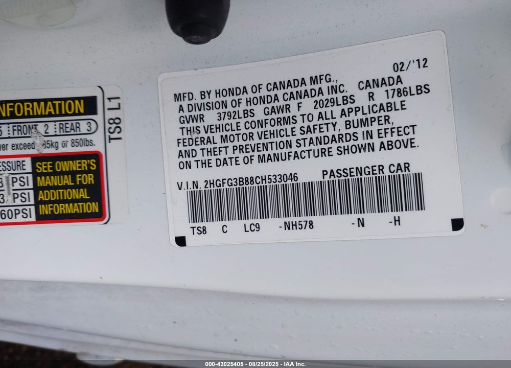 2012 HONDA CIVIC EX VIN: 2HGFG3B88CH533046