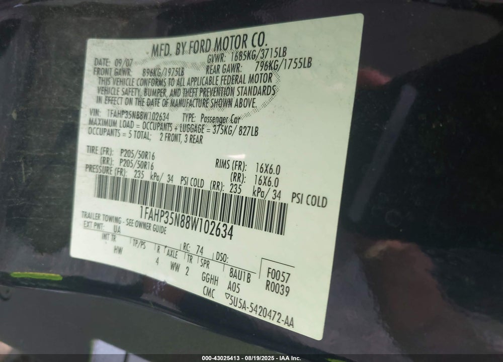 2008 FORD FOCUS VIN: 1FAHP35N88W102634