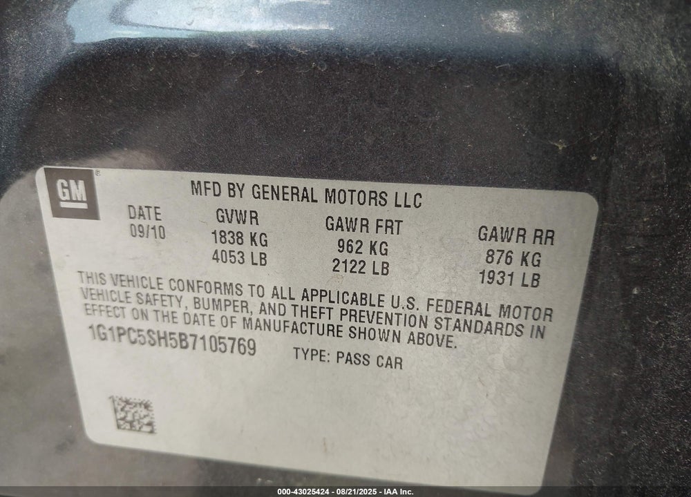 2011 CHEVROLET CRUZE LS VIN: 1G1PC5SH5B7105769