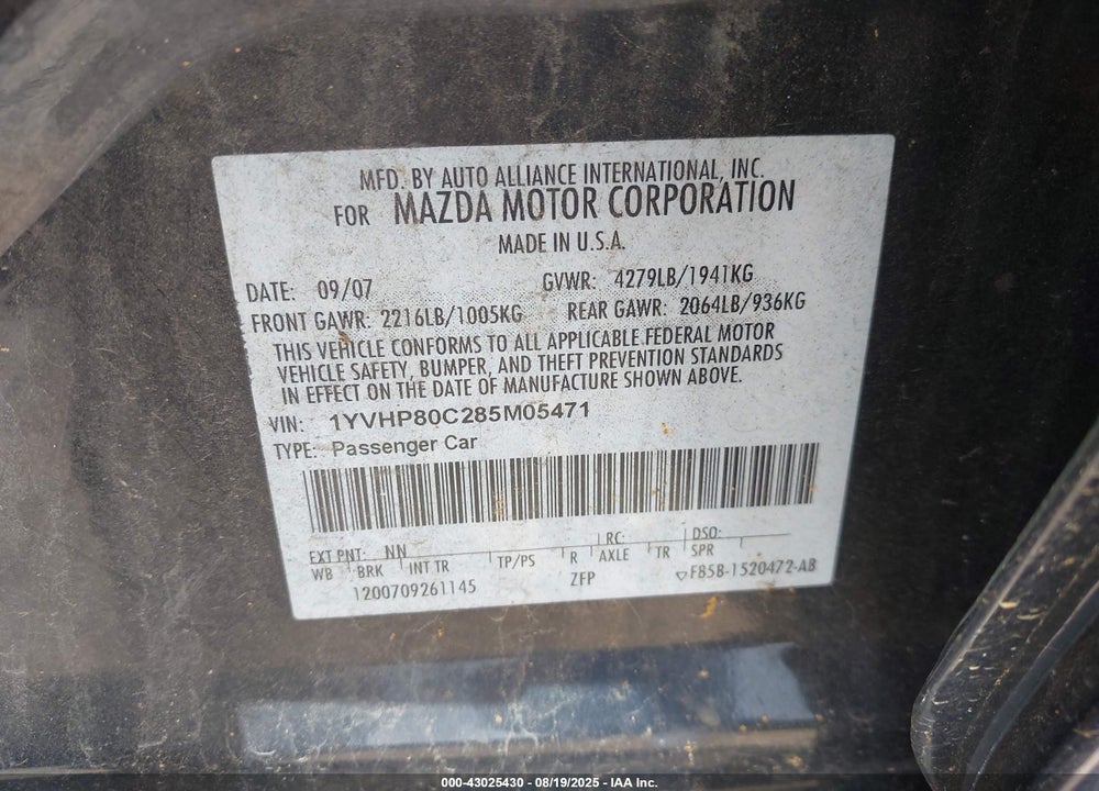2008 MAZDA 6 VIN: 1YVHP80C285M05471