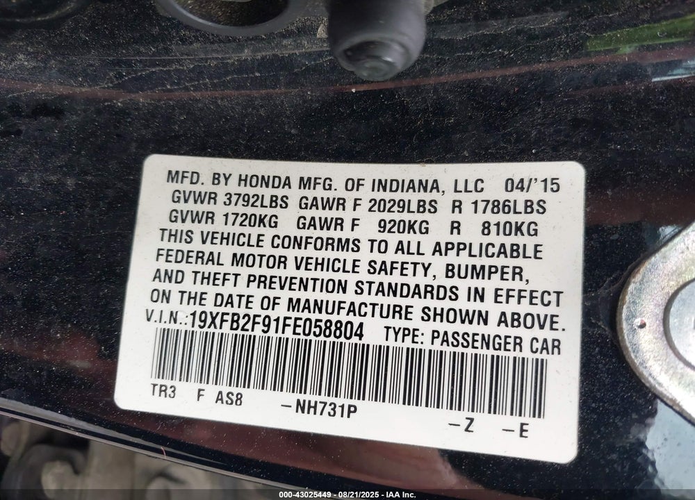 2015 HONDA CIVIC VIN: 19XFB2F91FE058804