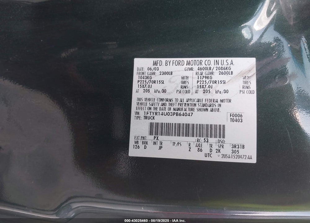 2003 FORD RANGER EDGE/TREMOR/XL/XLT VIN: 1FTYR14U03PB64047