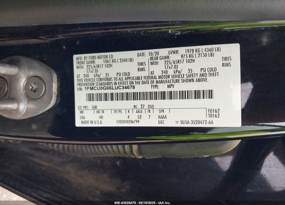 2020 FORD ESCAPE VIN: 1FMCU0G66LUC34678