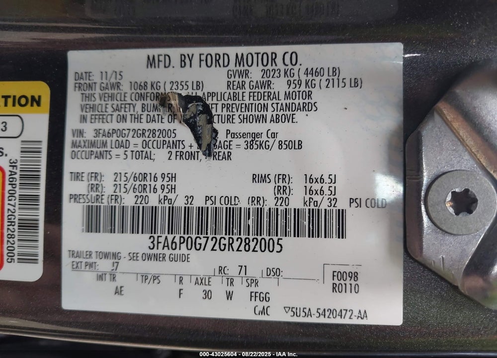 2016 FORD FUSION VIN: 3FA6P0G72GR282005